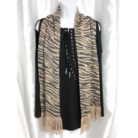 Metallic silver thread caramel tan black zebra stripe tiger scarf - Picture 4 of 6